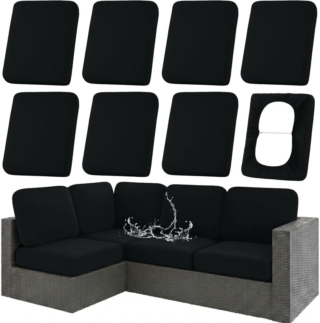 hyha Waterproof Outdoor Cushion Covers for Patio Furniture, Stretch Patio Chair Cushion Slipcovers, Coated UV Resistant Replacement Seat Covers, Solid Color (Black, 8PC)
