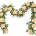 Dolicer 2Pcs 13Ft Artificial Eucalyptus Garlands with Flowers - 8 Roses, Faux Floral Greenery Garlands Fake Flowers Vines for Wedding Table Centerpieces Arch Party Ceremony Backdrop Decor (Champagne)