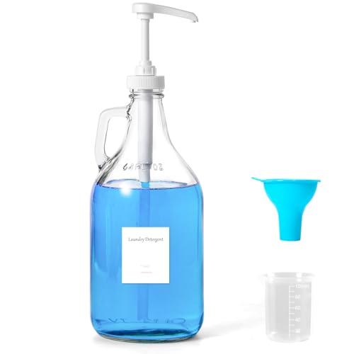 VEGEVIGI Glass Laundry Detergent Dispenser with Pump, 64OZ Liquid Laundry Soap Dispenser, Fabric Softener Dispenser Bottle for Laundry Room Organization and Storage, 1 Pack