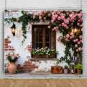 10x10ft Spring Backdrops for Photography White Red Brick Wall Rustic Wooden Window Greenery Flower Spring Easter Backdrop Photo Props for Photoshoot Floral Easter Birthday Party Decorations