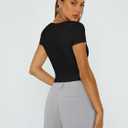 Trendy Queen Double Lined Short Sleeve Tshirts for Women Square Neck Cute Crop Top Spring Summer Basic Tees Workout Going Out, Size S (Black)
