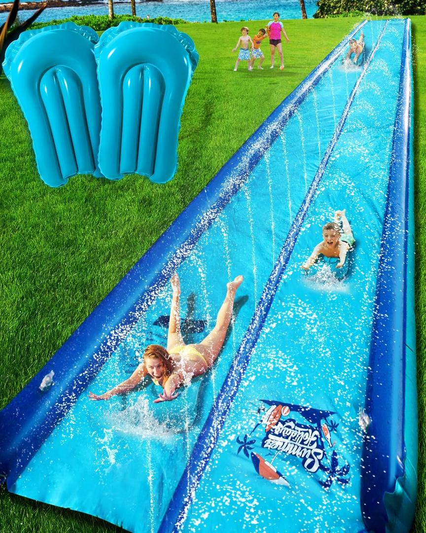 Slip and Water Slide for Kids and Adults Backyard,2 Lanes Extra Long Inflatable Slip and Water Slide with Sprinkler and Bodyboards,Heavy Duty Summer Outdoor Water Toy,Blue Shark Theme