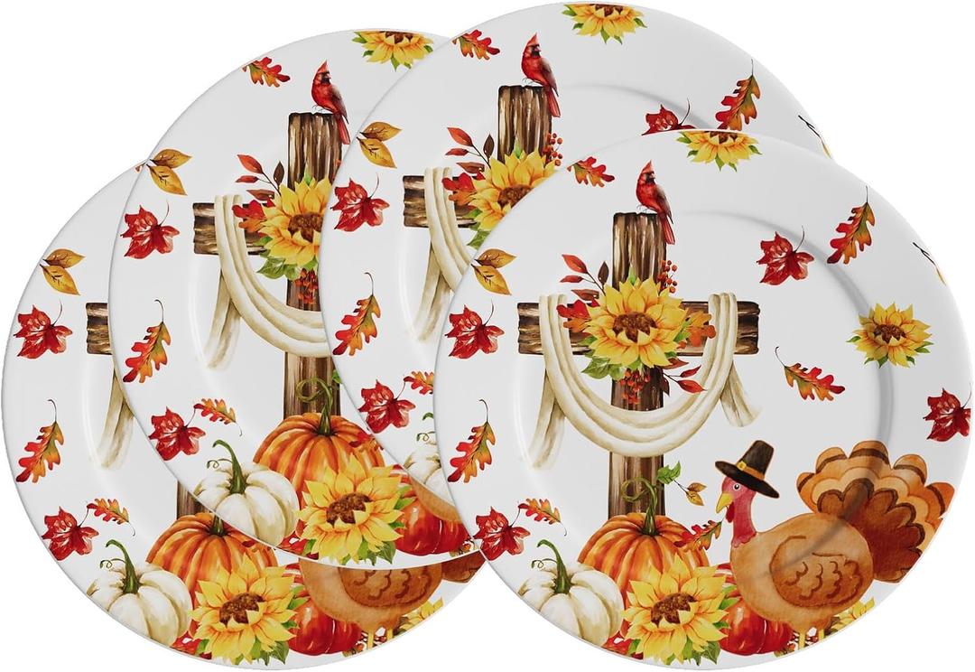 VJF Thanksgiving Ceramic Dinner Plates 10.5 Inch Set of 4 Round Turkey Cross Pumpkin Holiday Stackable Porcelain Plates Microwave & Dishwasher Safe for Holiday Party Family Feast Thanksgiving Decor