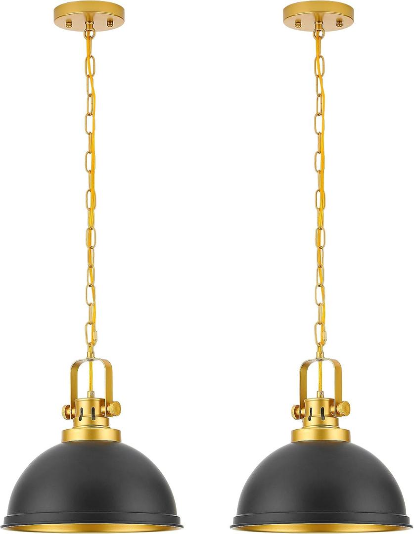 2-Pack Black Gold Pendant Lights Kitchen Island, Modern Dome Pendant Lights Matte Black Dome Hanging Light Fixture for Kitchen Dining Room Foyer Entrance Restaurant Hallway