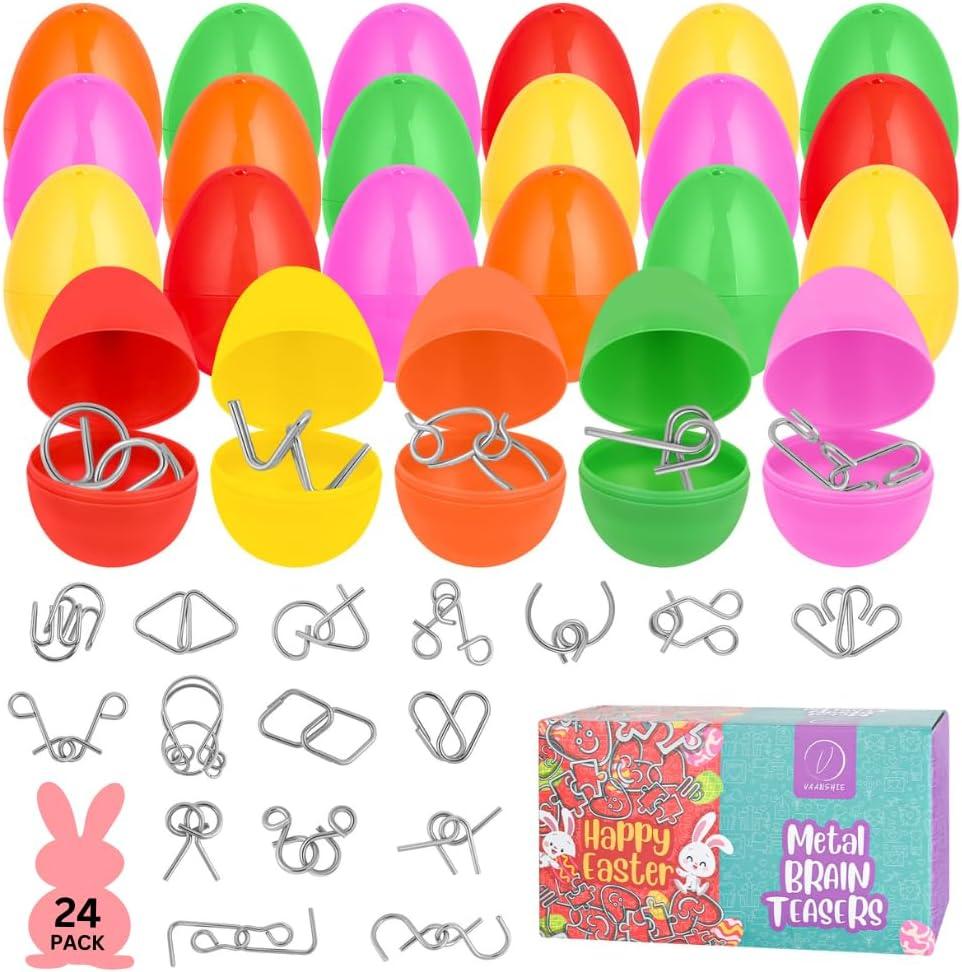 2 x 24 Pack Easter Basket Stuffers with Metal Brain Teaser Puzzles  Prefilled Eggs with Mini Logic Toys & Instruction Cards, Classroom Gifts, Egg Hunt Prizes, Easter Party Favors for Kids Boys & Girls