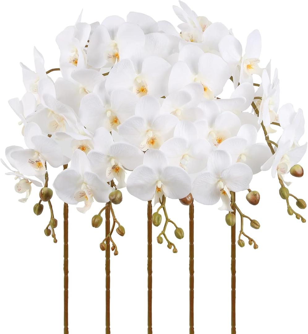 White Orchids Artificial Flowers 5PCS Fake Orchid 35.4" Long Stem Faux White Flowers Silk Orchids That Look Real for Bridal Shower Home Party Wedding Decoration
