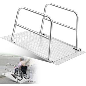 Blulu ((Minor Defects) Door Threshold Ramp with Handrails Adjustable 40 L x 31.5 W x 24 H Steel Wheelchair Ramp Skidproof Rustproof 496lbs Capacity Portable Handicap Ramps for Steps Homes Stairs