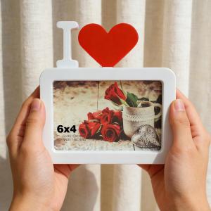 6x4 Inch Heart Photo Frame - Elegant White Plastic Picture Frame with Red Heart for Wall Mount or Tabletop Display, Perfect Sentimental Gift for Wedding, Anniversary, Home & Office Decor