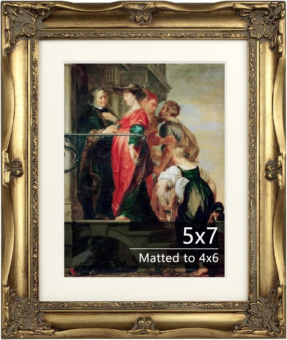 Vintage Gold Ornate Baroque Carved Wood Picture Frame with Mat (5x7, Gold)