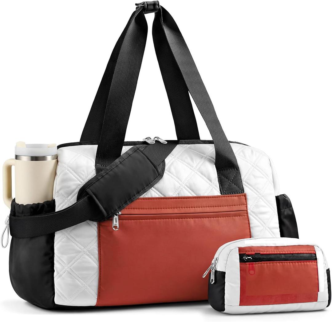 Puffer Gym Bag for Women, Quilted Weekender Bag for Travel, Lightweight Carry on Duffle for Sports Workout Dance Ballet Yoga Gymnastics Hospital with Wet Pocket, Beige-black-brown (L(18" x 8" x 12"))