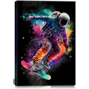 Framed Astronaut Wall Art Space Pop Culture Graffiti Street Art Painting Pictures Wall Decor Canvas Prints Modern Gifts For Man Artwork Space Boys Room Home Decor For Bedroom Living Room Office (16"L x 12"W)
