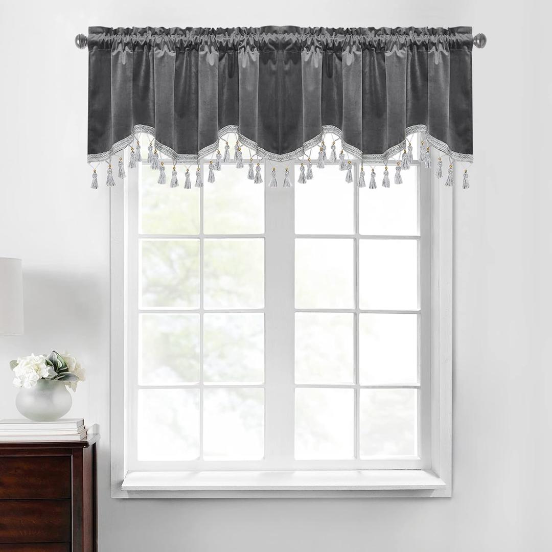 StangH Luxury Thick Velvet Valances Curtains, Blackout Scalloped Tier Curtains with Tassel for Windows, Privacy Home Decor for Kitchen/Bathroom, Grey, W52 x L18, 2 Panels