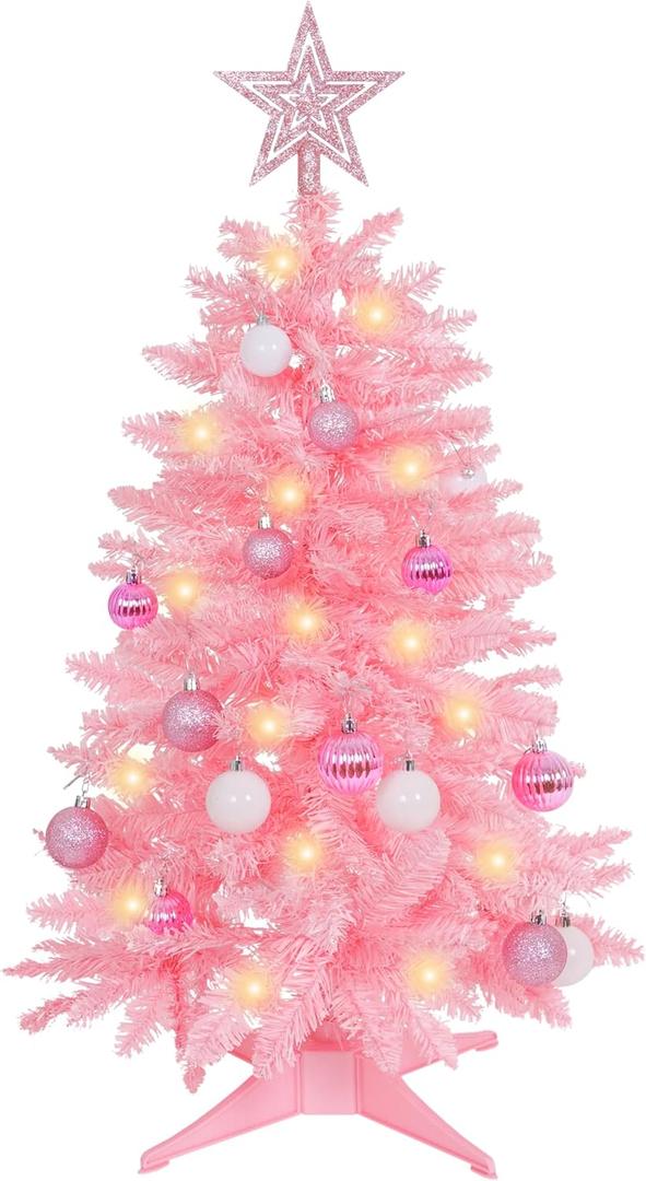 Sunshine Pink Christmas Tree with Light 4ft Artifical Full Christmas Tree with Ball & Star Ornaments 8 Lighting Modes for Holiday Decor
