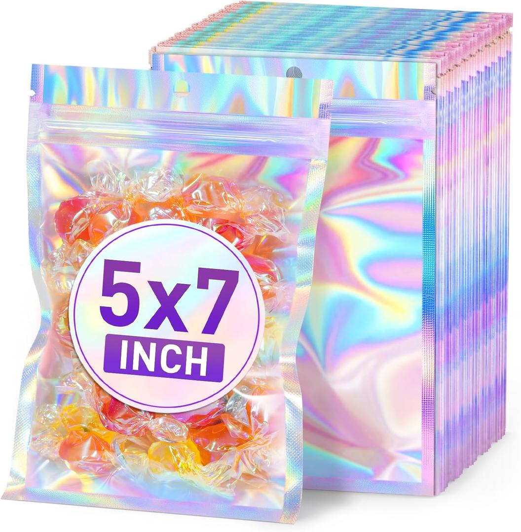 ANZNKU Holographic Bags 5x7 Mylar Bags Resealable 50PCS, Packaging Bag Smell Proof Pouches Baggies for Snack Candy Jewelry Freshie Party Favor Goodie for Mom, Small Plastic Gift Bag for Small Business