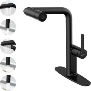 Waterfall Kitchen Faucet with Pull Down Sprayer, Hurran Kitchen Sink Faucets with 5 Spout Modes, 360 Swivel Single Handle Faucet with Deck Plate, Matte Black