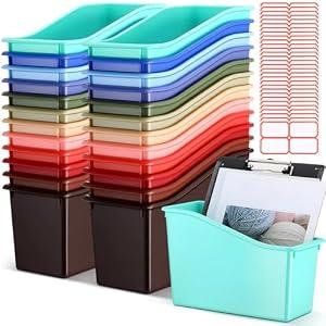 Teling 24 Pcs Plastic Book Bins Bulk for Classroom Interlocking Magazine Holder Organizer Folder Binder Storage Container Box with Name Labels for School Office Home Supply (Retro Earth Tone)