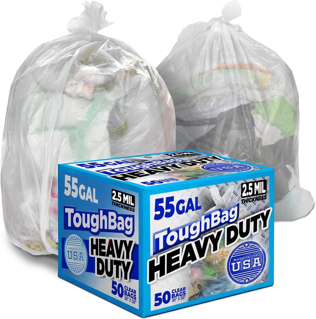 ToughBag 55-60 Gallon Clear Trash Bags, 50 Count, 2.5 Mil