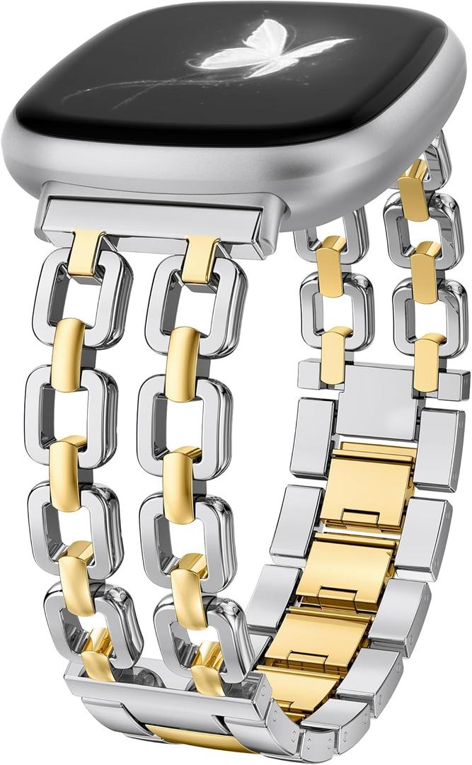Wearlizer Metal Band Compatible with Fitbit Versa 4 Bands for Woman/Versa 3/Sense 2/Sense Bands Women, Dressy Chain Strap Designer Stainless Steel Bracelet Wristband (Silver/Gold)