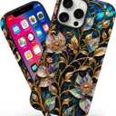 Magnetic for iPhone 15 Pro Max Case Vintage Gold Floral Art Phone Case, Elegant Botanical Stained Glass Shockproof Slim TPU and Hard PC Protective Phone Cover Compatible with MagSafe Gift for Women