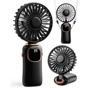 coldSky Portable Handheld Fan, 4000mAh Battery Operated 3 in 1 Multifunction Personal Travel Fans with Digital Display, 90 Foldable Desk Fan with Base, 5 Speed Lash Fan for Makeup/Office (Black)