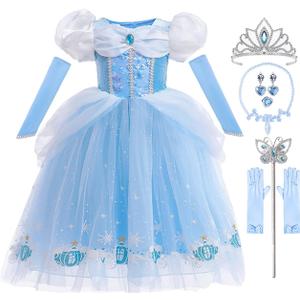 iTVTi Girls Princess Dress Kids Halloween Carnival Party Cosplay Costume Toddler Puffy Sleeve Blue Fancy Outfit, Size 120
