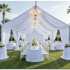 PartyVillage 10 Panels 5ftx20ft White Ceiling Drapes for Wedding Parties  20 FT Extra Long Thick Polyester Wrinkle-Free Drapery Tent Decor Decorations for Birthday Party Ceremony Stage Swag