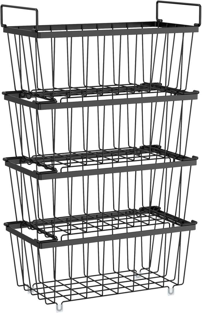 iSPECLE Freezer Organizer Bins - 4 Pack Small Stackable Freezer Baskets for 7 Cu.ft Deep Freezer, Easy Access Food No More Digging, Sturdy Metal Wire Basket Not Scratch Bottom, Black