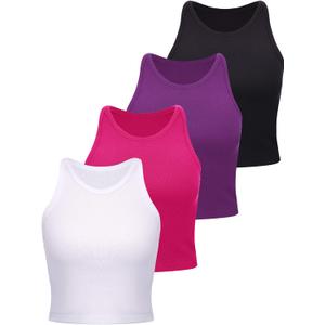 4 Pieces Basic Crop Tank Tops Women Racerback Crop Tops Cotton Sport for Girls Lady Daily Wearing (Small, Black, Purple, Rosy, White)