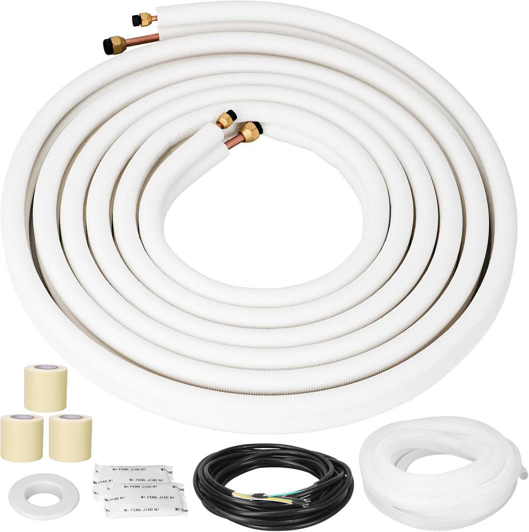 25 Ft Mini Split Line Set Air Conditioning Copper Tubing Pipe Extension 1/4" & 3/8" PE Thickened for AC and Heating 9000BTU (White)