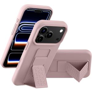 LAUDTEC Silicone Kickstand Case Compatible with iPhone 17 Pro Max, Vertical and Horizontal Stand Hand Strap Metal Kickstand Cover, Flexible Soft Liquid Silicone Stand Case for iPhone 17 Pro Max (Pink)
