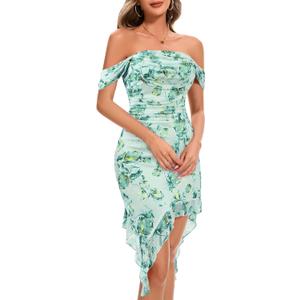 BeryLove Womens Sexy Off Shoulder Mesh Midi Wedding Guest Dresses Ruched Bodycon Ruffled Cocktail Dress (XS)