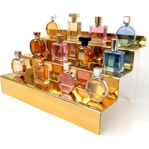 YMVV 12 IN Mirror Gold Acrylic 3 Tier Display Riser Perfume Organizer, Perfume Cologne Organizer Holder, Pops Toy Figures, Clear Cupcake Riser, Dessert Shelf