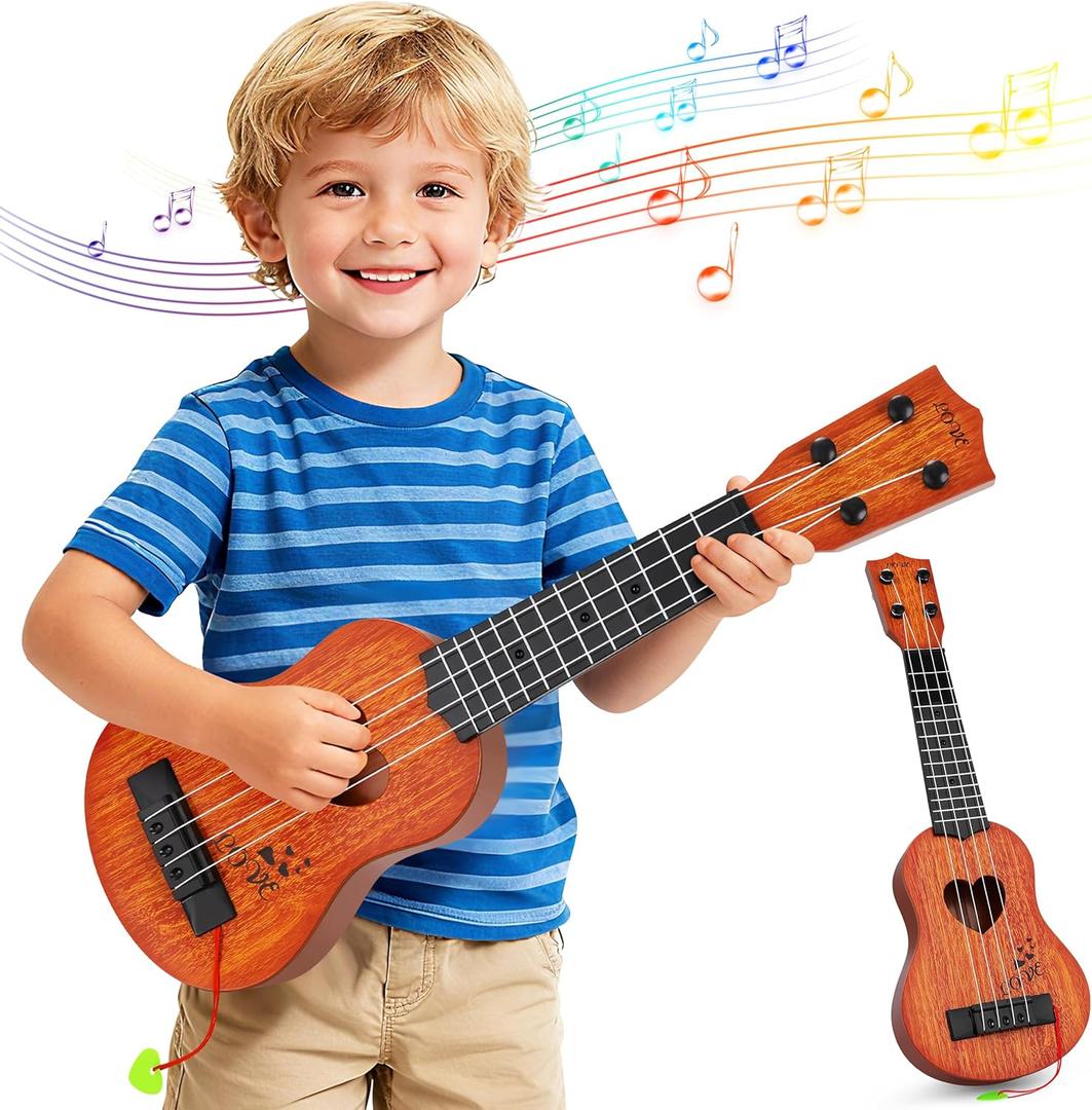 YEZI Classical Ukulele for Kids, Mini Toddler Guitar Toy with Pick, Educational Musical Instrument for Preschool Boys Girls, Early Learning Music Toy for Ages 3 4 5 6+ Years Old, Brown