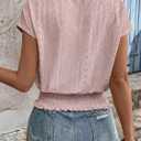 Elastic Waist Eyelet Tops for Women Summer Smocked Crewneck Short Sleeve Tee Crop Casual Plain T Shirts for Vocation Work (Pink, L)