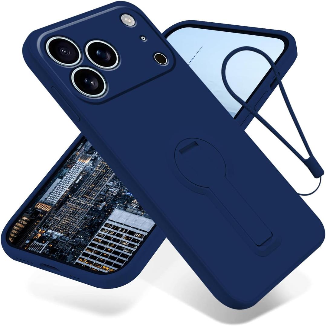 for iPhone 17 Pro Case with Stand, Slim Liquid Silicone Phone Case for iPhone 17 Pro with Wrist Strap Lanyard Shockproof Protective Bumper Cover (Blue)