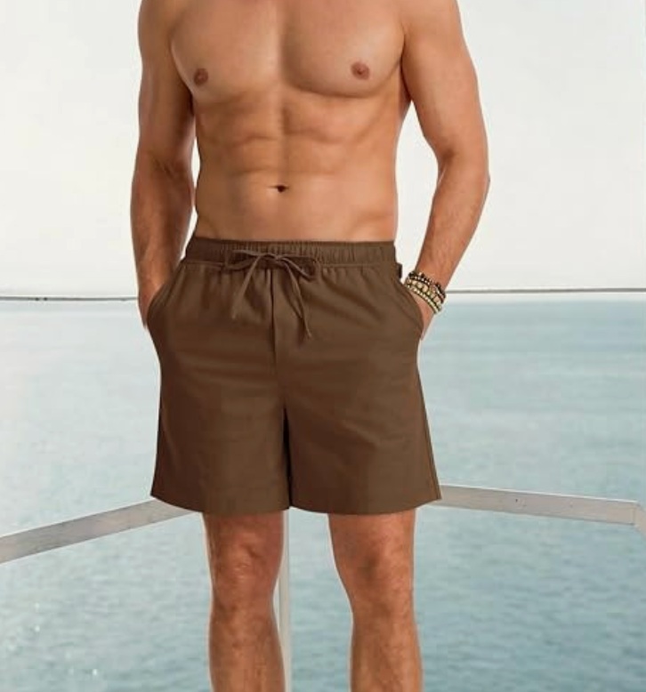 Mens Linen Shorts Elastic Waist Drawstring Summer Beach Golf Shorts Brown Medium