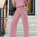 PRETTYGARDEN Women's One Piece Jumpsuits Dressy Casual Summer Short Sleeve Wrap V Neck Wide Leg Pants Romper Spring Clothes (Pink, S)