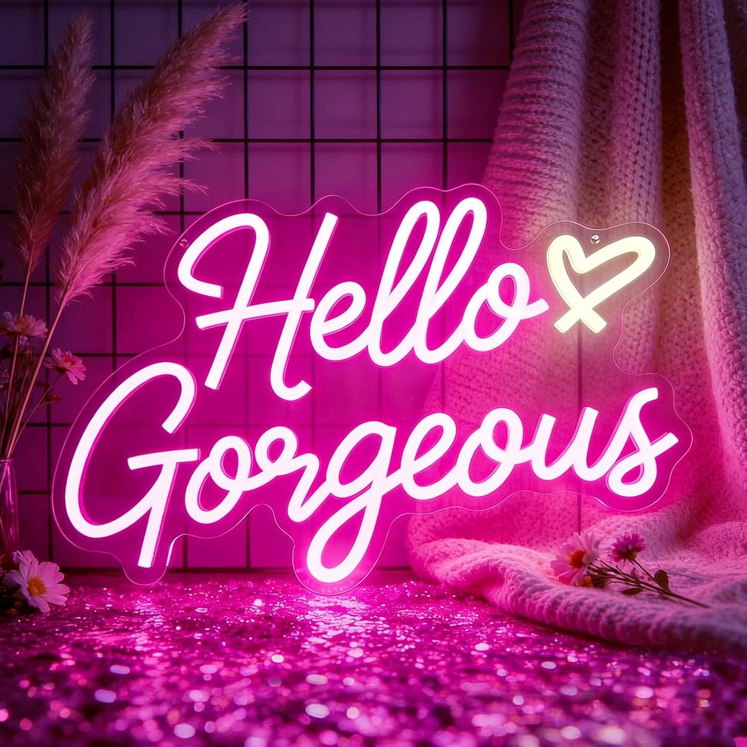 Hello Gorgeous Neon Signs for Wall Decor, Hello Beautiful Pink LED Neon Lights Sign with Dimmable Switch for Girls Bedroom, Makeup Room Decor, Wedding, Birthday Party (Pink)