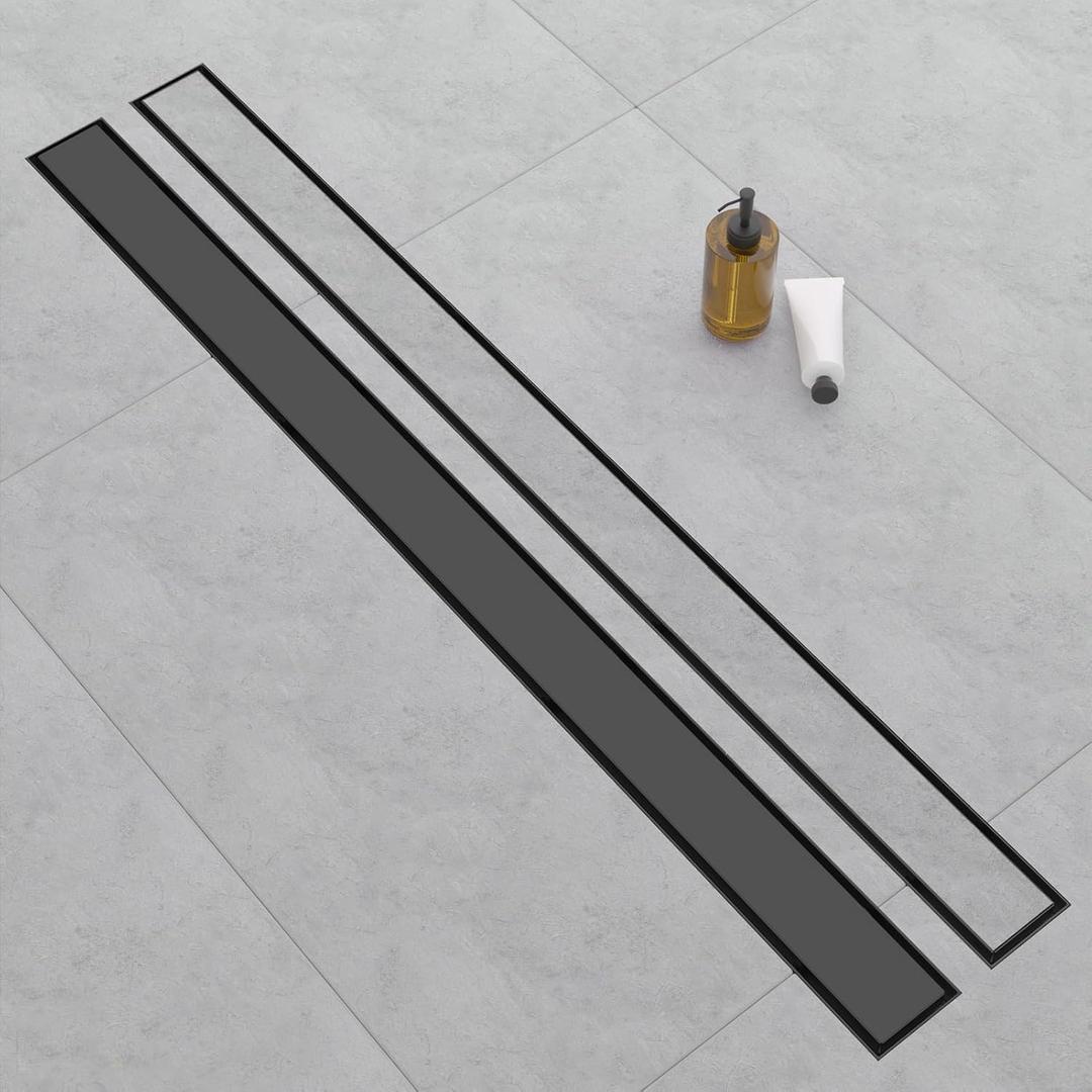 Linear Shower Drain, 48 Inch Matte Black 304 Stainless Steel Shower Drain with Tile Insert Panels, Long Rectangle Shower Floor Drain with Adjustable Feet, Hair Catcher, Fits Bathroom, Balcony