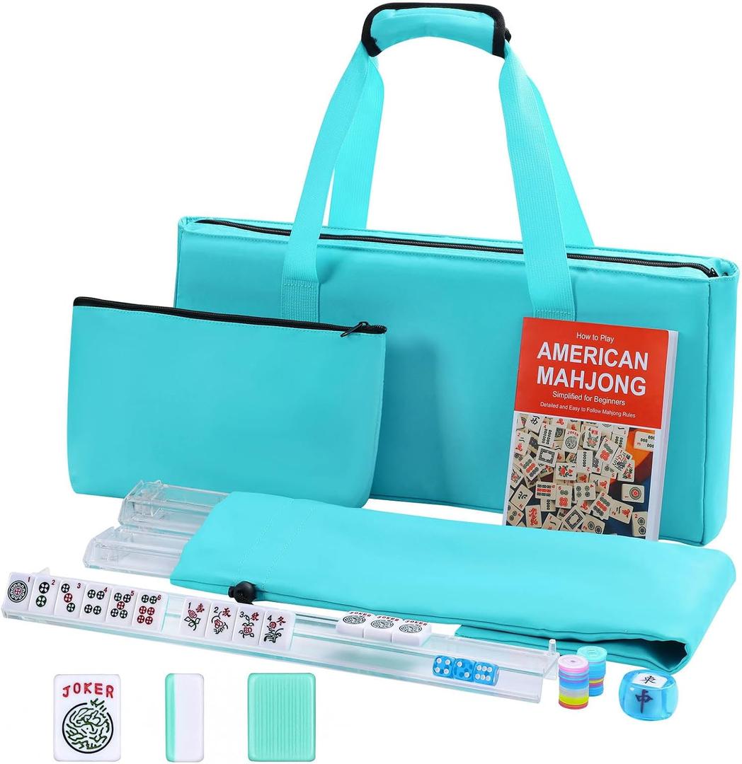 American Mahjong Game Set, 166 Light Green Tiles, 4 All-in-One Transparent Racks/Pushers, Complete Mahjong Tile Set, Light Blue Carrying Bag