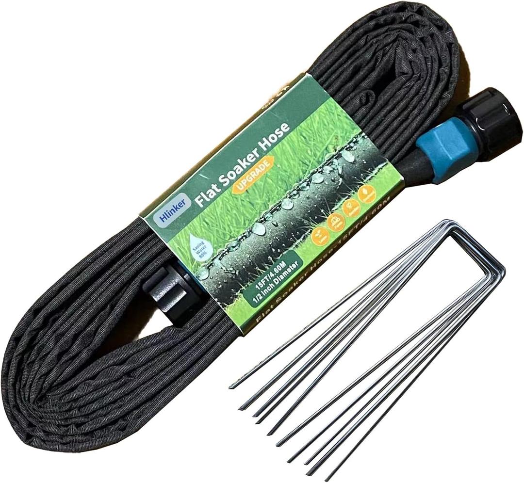 Hlinker 2025 Flat Soaker Hose 15 ft with Stake for Garden, Linkable Drip Hose Diy Automates Garden Irrigation System Saving 81% Water, Dual-layer Leak-free Design Water Hose with Holes