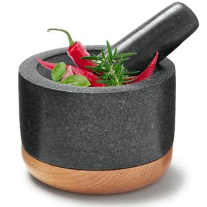 Mortar and Pestle Set with Detachable Anti-Scratch Wood Base, Natural Granite Extra Large 6.06inch Pestle Stone Grinder Bowl Ideal for Grinding Spices Chillis Pesto Guacamole (Granite)