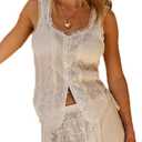 Women Summer Tie Front Tank Tops Y2k Lace Trim Flowy Peplum Cami Shirts Boho Chiffon Ruffle Sleeveless Vest Blouses (Large, White)