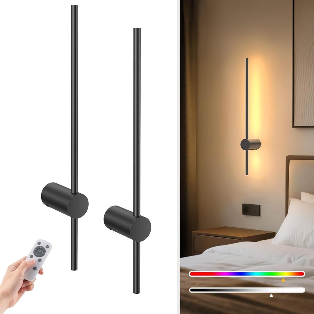 NIORSUN 24 Inch Battery Operated Wall Sconce Set of 2,Black Minimalist Rechargeable LED Wall Lights with Remote, 10 Colors Dimmable Wireless Wall Lamp for Living Room Bedroom Hallway