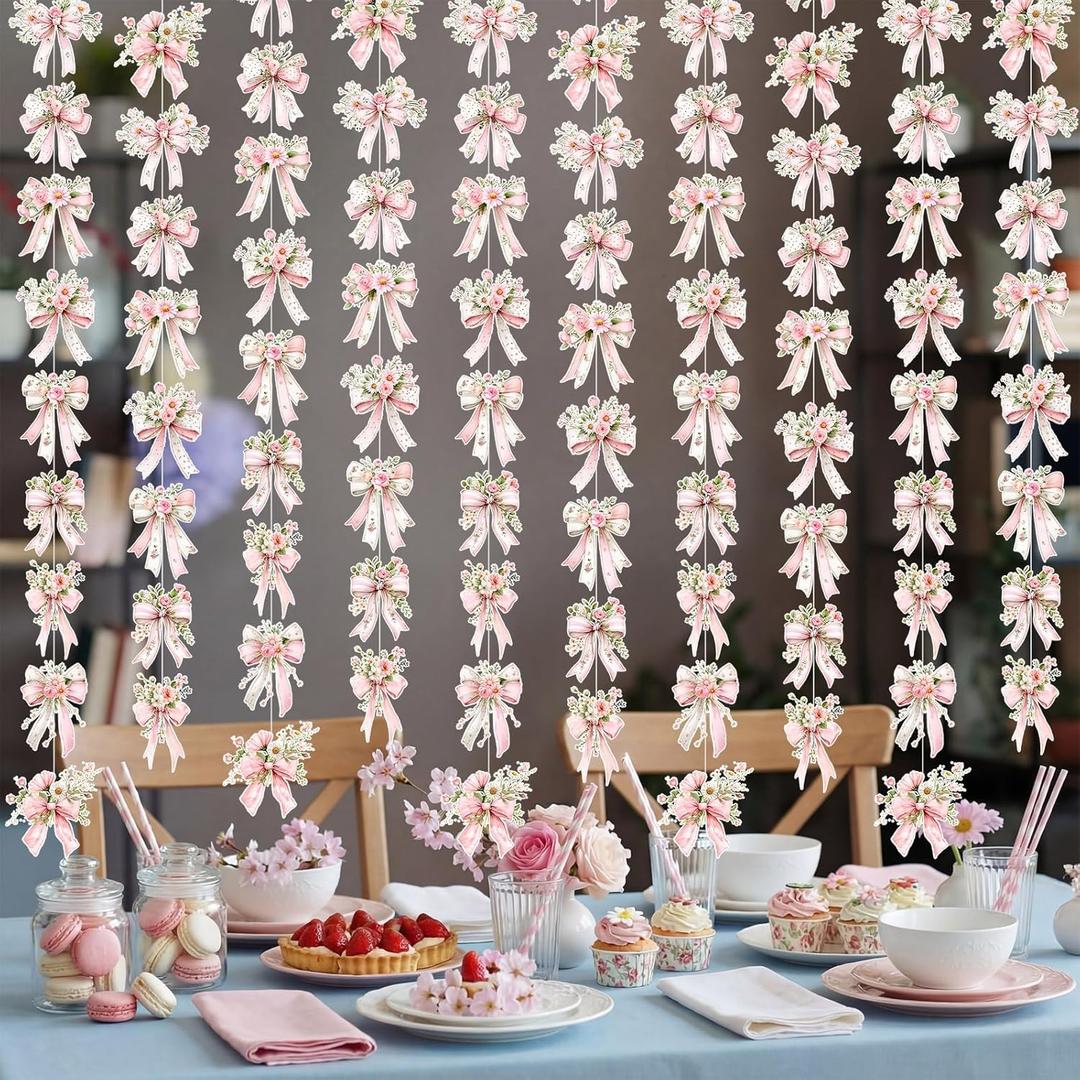 8 Pcs Pink Bow Hanging Banner Pink Bow Themed Birthday Party Decorations Spring Floral Garland Banner Party Decor for Bridal Shower, Wedding Favors, Birthday, Bachelorette Supplies