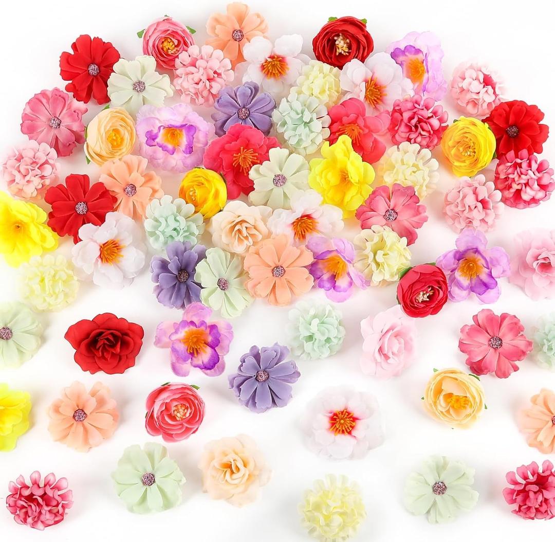 ATTGREAT Fake Flower Heads Mini Silk Flowrs Bulk Small Flower 3D Loose Faux Daisy Rose Sunflowers Plum Blossoms Craft for Wedding Party Cake Baby Shower Home Decor, 110Pcs(Multicolor)