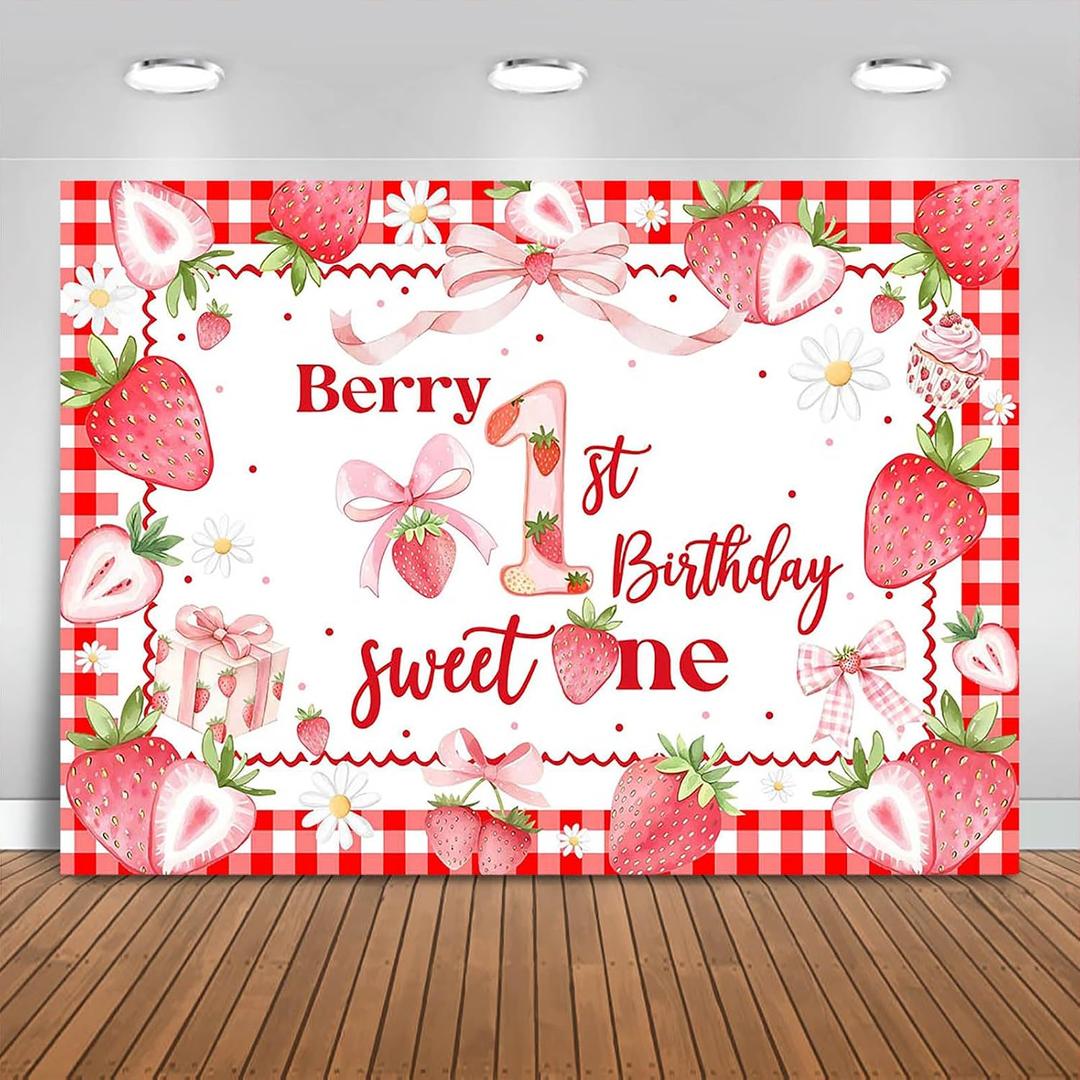 Berry 1st Birthday Backdrop 7x5ft Strawberry Happy First Birthday Photography Background Party Decorations for Girls Sweet One Banner Photo Booth Props