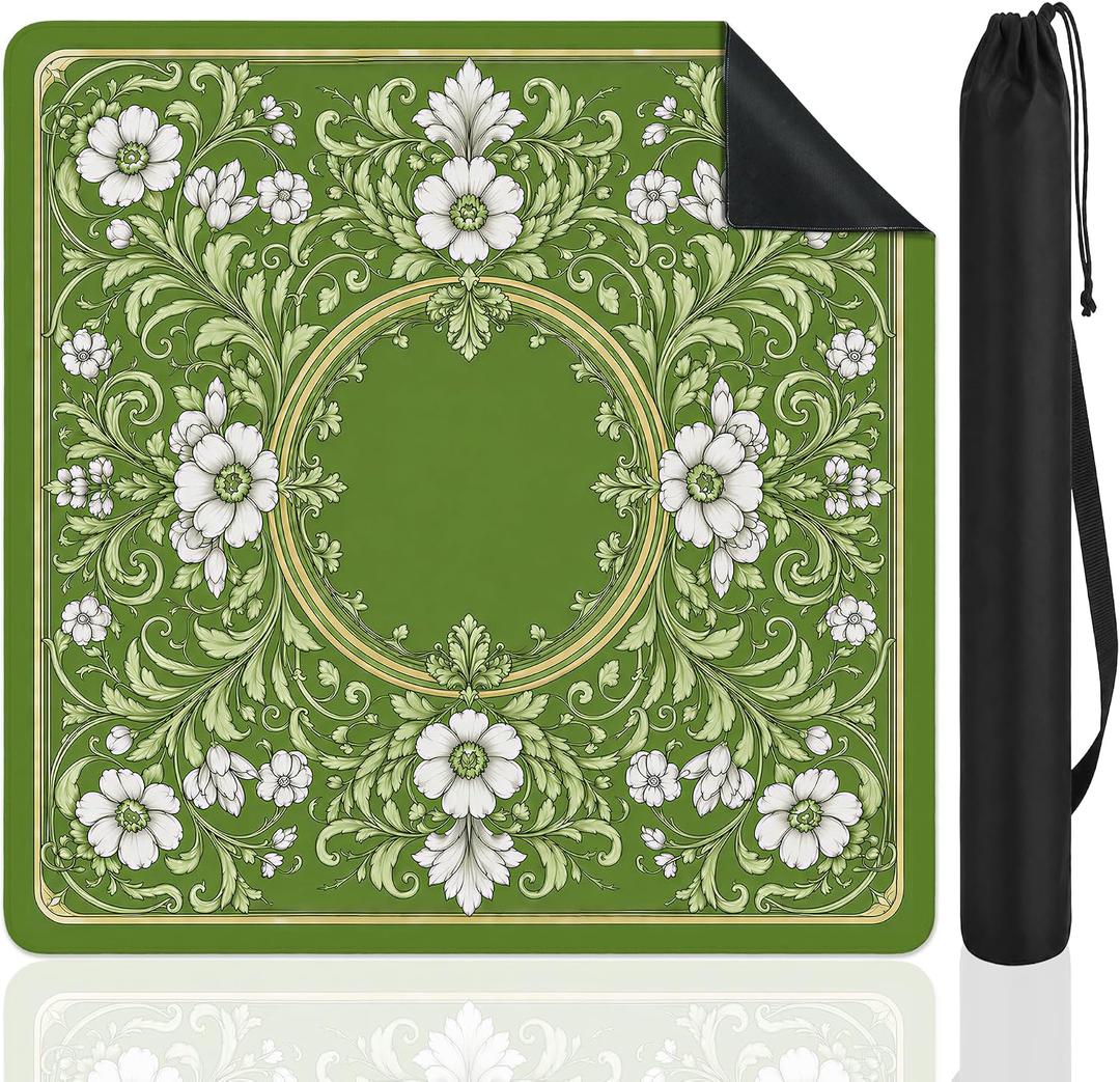 Vintage Green and White Floral Mahjong Table Mat 31.5" x 31.5"
