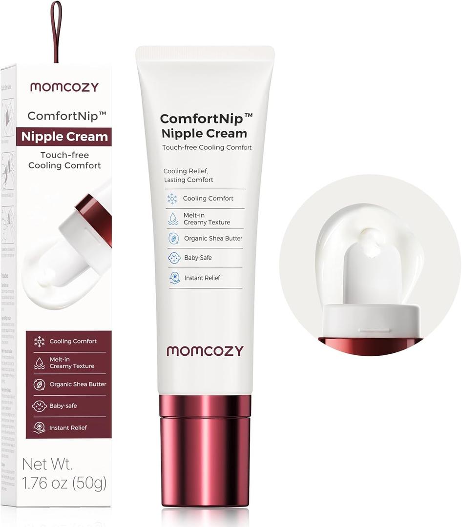 Momcozy Cooling Nipple Cream Safe for Nursing,Fast Relief with Cooling Ceramic Applicator for Cracked Nipple & Dry Skin, No Lanolin Nipple Butter,Plant-Based Formula, Breastfeeding Essentials, 1.76oz