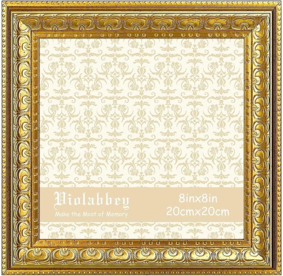 VIOLABBEY 8x8 Picture Frame Gold, Vintage Photo Frame for Wall or Tabletop Display, Classic Design for Office Home Decor, Fits 8X8 Pictures, Pack of 2